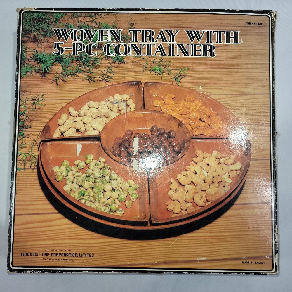 Lazy Susan 5 Piece Woven Tray Vintage Candy Dish Brown Wood Look Container